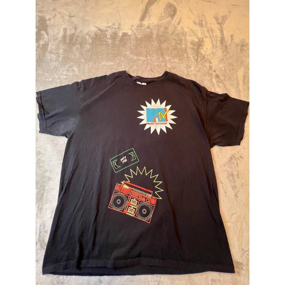 MTV Music Television Graphic T-Shirt Mens XL Black Retro Boombox VHS 1981 Cotton